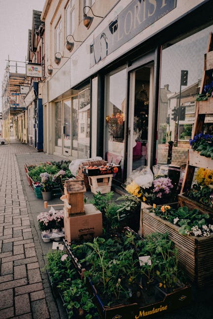 An exterior view of a flower shop on a street, showcasing a variety of fresh flowers and floral arrangements displayed outside the store, including potted plants, bouquets wrapped in clear cellophane,