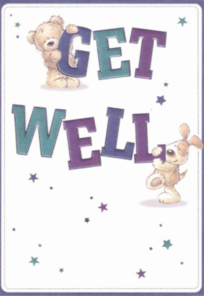 Infused with the charm and optimism found on a walk past Raphael Park's flower gardens in Romford, this get well card sparkles with encouragement and affection. In the forefront, a gentle bear with tawny-furred paws rests atop the word 'GET,' his soft expression radiating support, while a sweet puppy with impossibly floppy ears brings life to the word 'WELL,' his nose nudging the bold teal letters as if urging the message toward recovery. The animals' rounded forms and delicate brushstrokes create a tactile sense of plushness; one can almost feel the comforting embrace they offer, as genuine as the warmth of freshly cut blooms from a Romford flower shop. Stars, hand-sketched in hues of aquamarine, periwinkle, and soft purple, shimmer across the creamy background, illuminating the composition with flickers of hope reminiscent of early evening skies over Romford Market. The typography is vibrant yet soothing, each letter confidently outlined to amplify the heartfelt message. There's a wonderful sense of balance-the text, the characters, and the celestial accents dance together in harmonious celebration, much like the thoughtfully designed arrangements often found at Flower Delivery Romford. This card not only delivers a wish for swift recovery but wraps its recipient in a light and airy sense of possibility, perfect for lifting spirits and showing someone in Romford that they are cared for deeply, one gentle brushstroke at a time.