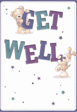This get well card radiates an aura of gentle comfort that recalls a stroll through Cottons Park in Romford, where every detail feels considered and uplifting. The illustration features a lovable bear and an exuberant puppy, both brimming with playful energy as they interact with the bold, bouncing letters of 'Get Well.' The bear, with its warm brown plush and quietly expressive eyes, leans over the word 'GET,' while the puppy, ears drooping endearingly, brings a spirit of cheerful support to the word 'WELL.' Scattered around them like fragments of a clear Romford evening, star-shaped bursts glimmer in pale blues and purples, each one a visual wish for health and happiness. The typography, rendered in dynamic hues of teal and violet, stands out against a pristine white canvas, echoing the vibrant shopfronts that line Romford's bustling Liberty Shopping Centre. The velvety texture of the animals' fur and the card's gentle palette combine to evoke the comforting sensation of receiving a thoughtfully arranged bouquet from a local florist-every element purposefully selected to ease a difficult moment. There's a quiet artistry here, reminiscent of the care with which fresh blooms are gathered and arranged at Flower Delivery Romford, infusing the scene with an atmosphere of hope, kindness, and well-being. This card is more than simple illustration-it's a heartening gesture, skillfully designed to bring a little Romford cheer to someone on the mend, wrapping them in warmth, sincerity, and a sense of familiar comfort.