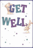 Combining playful warmth with heartfelt optimism, this get well card feels as comforting as a familiar lane in Romford after a fresh spring rain. At its heart are two endearing friends: a cuddly bear with soft, honey-coloured fur, and a cheerful puppy with velvety, floppy ears. They are pictured joyfully supporting the giant, hand-painted letters spelling 'Get Well'-the bear slightly above, paws curled around vibrant indigo type, the puppy below, tail wagging gently against bold teal. The background is a luminous cream, its brightness suggesting cleanliness and calm, like morning light brightening a Romford florist's window. Scattered stars, shimmering in purples and blues, float playfully around the scene, offering nods of hope and recovery. The animals' expressive faces and touchable fur impart a tactile comfort, the kind you'd feel when cradling a bouquet prepared with care by a Romford flower shop. Every brushstroke in this illustration radiates gentle encouragement, echoing the nurturing spirit of Flower Delivery Romford and the supportive families of the community. A message of healing wrapped in colour and innocence, this card brings a small but powerful celebration of kindness to anyone in recovery, as if the good wishes extend directly from the heart of Romford itself.